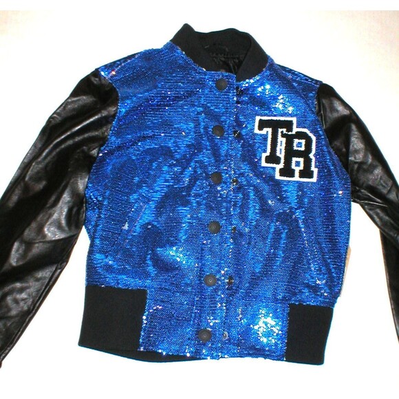 New NWT $448 Womens True Religion Varsity Leather Sequin Jacket XS Blue Black - Picture 2 of 8